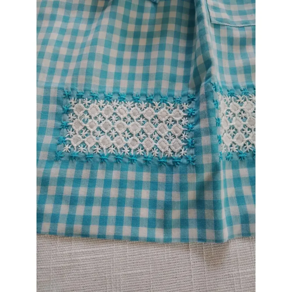 Vintage Style Gingham Blue & White Half Apron with Embroidery Accent Cottagecore